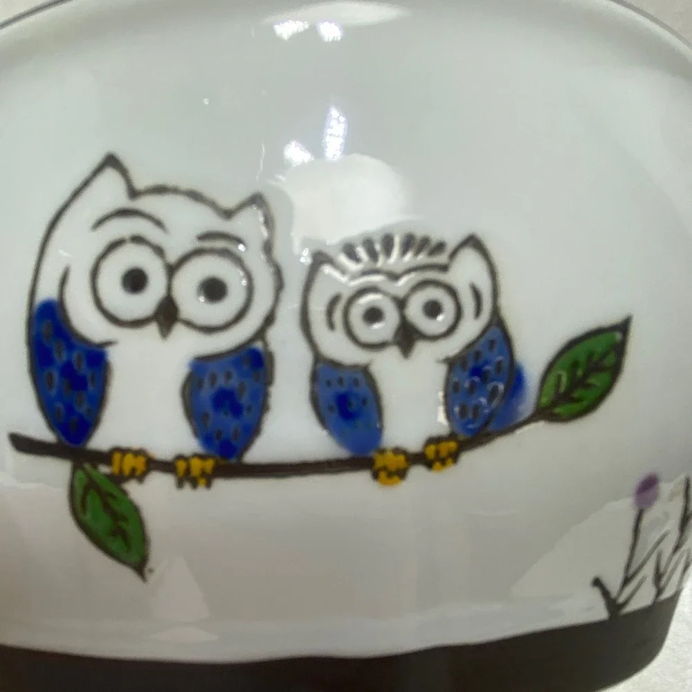 Yokohama Studio Hand Painted Ceramic Owl Food Storage Bowl Vented Lid White Blue